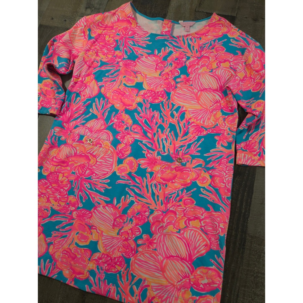 Lilly Pulitzer Coral Me Maybe Shift Dress XL Pink Blue Knit Starfish Zipper